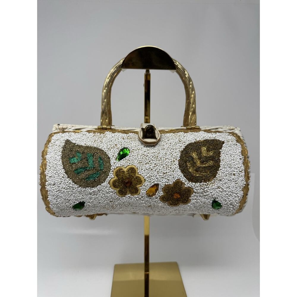 Vintage Midas of Miami? White Vinyl Wicker Micro Beaded Round Purse Metal Handle